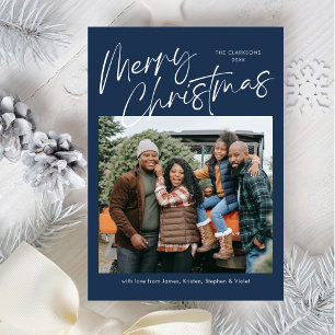 Cartes Pour Fêtes Annuelles Blue Merry Noël Calligraphie Script 4 Photo