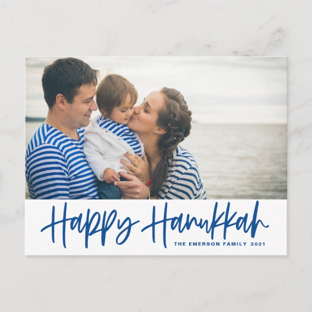 Cartes Pour Fêtes Annuelles Blue Modern Calligraphy Happy Hanoukka Photo (Devant)