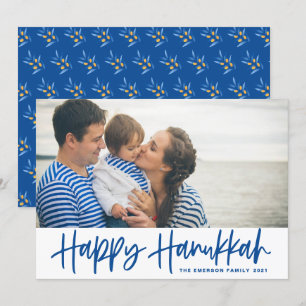 Cartes Pour Fêtes Annuelles Blue Modern Calligraphy Happy Hanoukka Photo