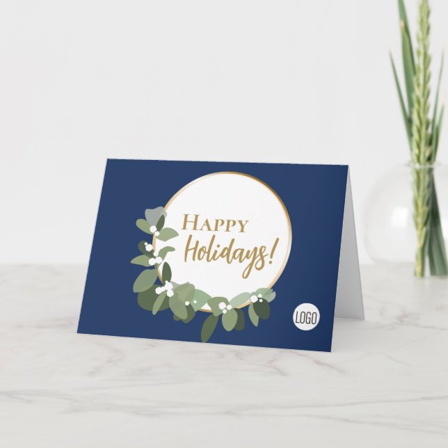 Cartes Pour Fêtes Annuelles Blue Modern Gold Script Happy Holidays Custom Logo (Devant)