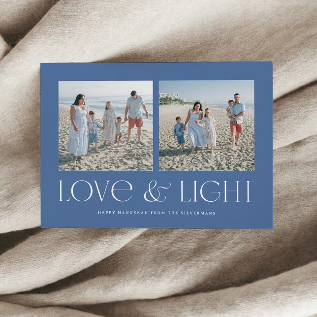 Cartes Pour Fêtes Annuelles Blue Modern Hanukkah Love & Light 2-Photo (Love & Light Hanukkah photo card in powder blue background colour)