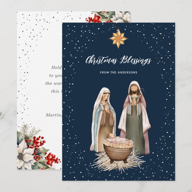 Cartes Pour Fêtes Annuelles Blue Nativity Botanical Christian Christmas Card (Devant / Derrière)