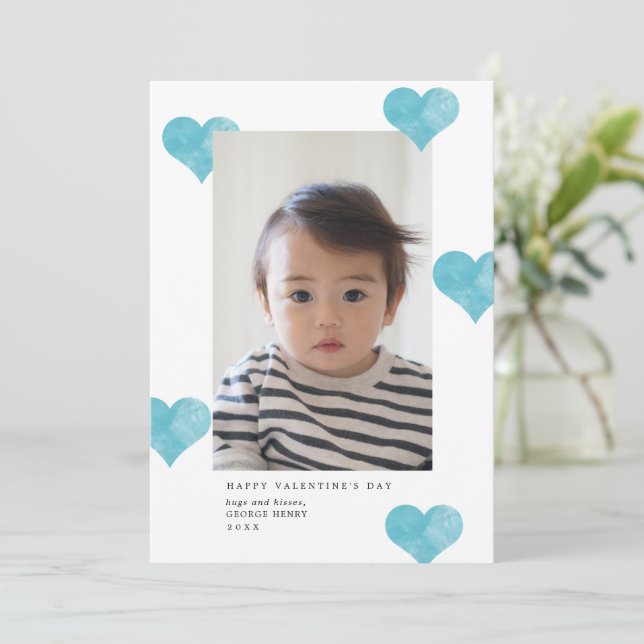 Cartes Pour Fêtes Annuelles Blue Painterly Hearts Moderne Valentine's Day Phot (Debout devant)