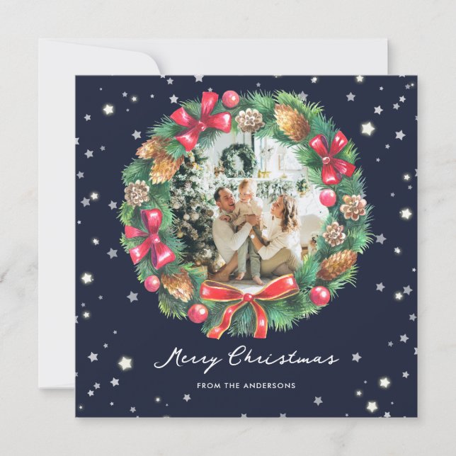 Cartes Pour Fêtes Annuelles Blue Photo Stars Snowflakes Wreath Joyeux Noël (Devant)