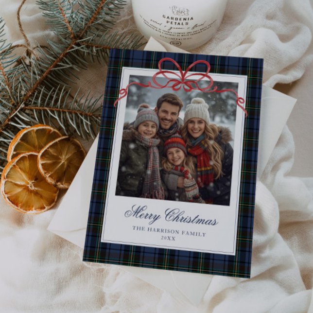 Cartes Pour Fêtes Annuelles Blue Plaid Red Bow Photo (Créateur téléchargé)