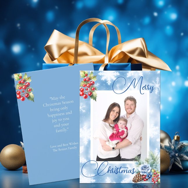 Cartes Pour Fêtes Annuelles Blue Snowflakes Red Berries voeux de Noël (Créateur téléchargé)