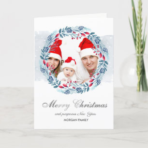 Cartes Pour Fêtes Annuelles Blue Wreath Holly Berry Photo Joyeux Noël
