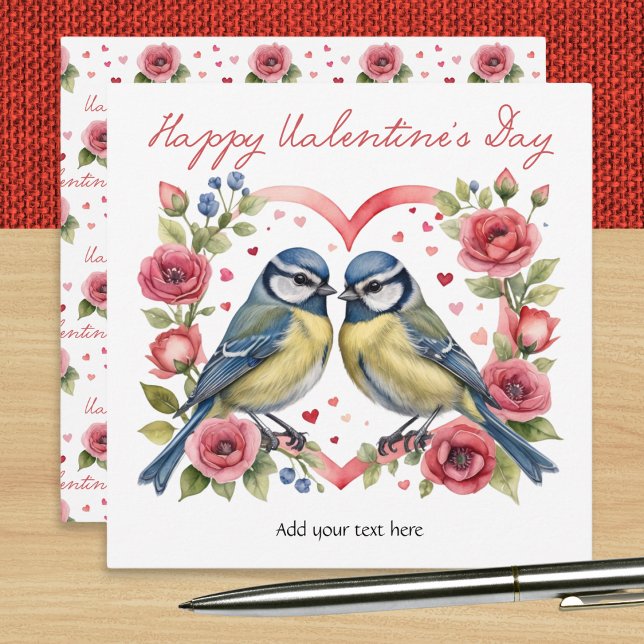 Cartes Pour Fêtes Annuelles Bluetits Love Hearts Rose Oiseaux Saint-Valentin (A personalized Valentine's Day card with picture of two bluetits with love hearts and pink roses)
