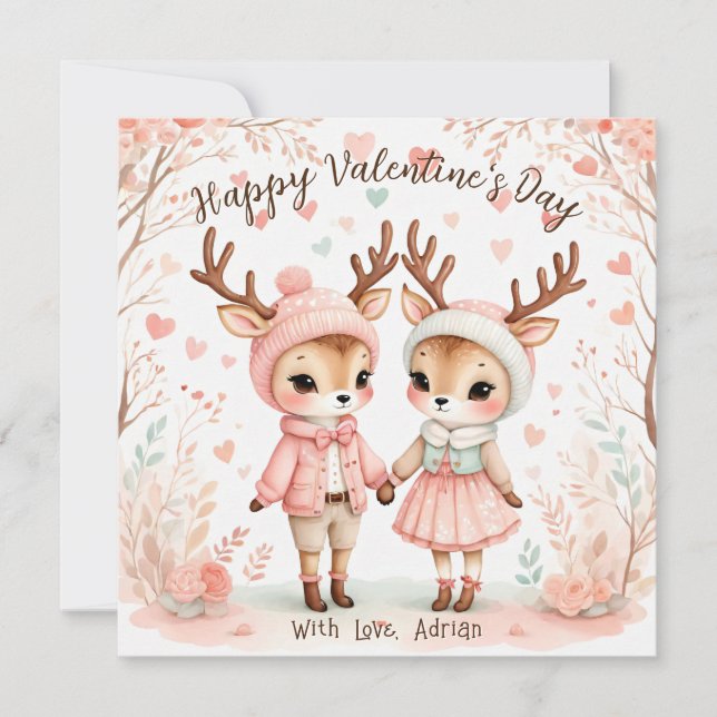 Cartes Pour Fêtes Annuelles Blush & Mint Reindeer Lovebirds Saint-Valentin (Devant)