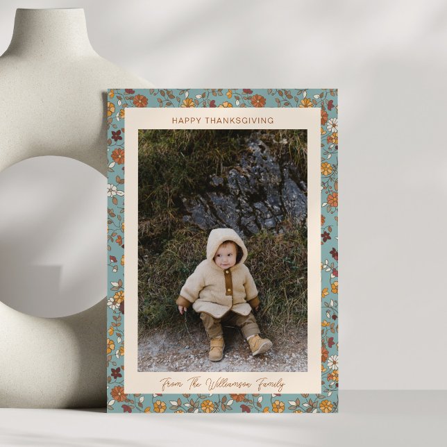 Cartes Pour Fêtes Annuelles Boho Autumn Rustic Blue Floral Photo Thanksgiving (Créateur téléchargé)