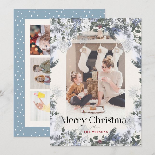 Cartes Pour Fêtes Annuelles Boho Bleu Arc Botanique 4 Photo Noël (Devant / Derrière)