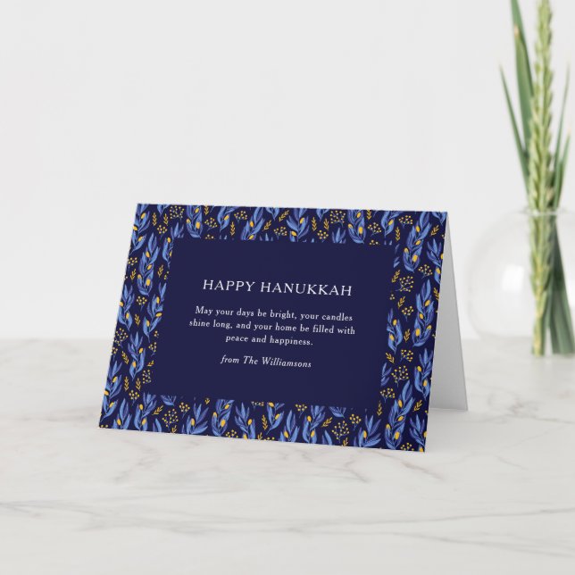 Cartes Pour Fêtes Annuelles Boho Blue Hanukkah Botanical Custom Blank Folded (Devant)