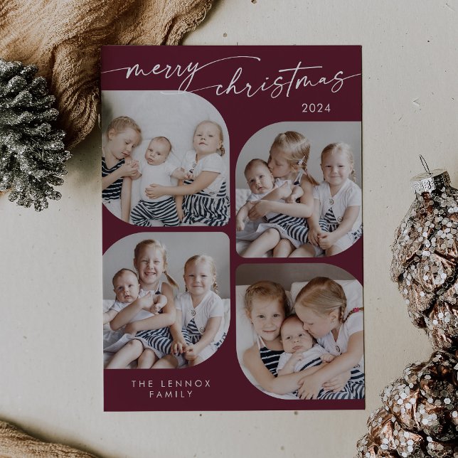 Cartes Pour Fêtes Annuelles Boho Chic Bourgogne Famille Multi Photo Noël (Créateur téléchargé)