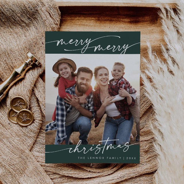 Cartes Pour Fêtes Annuelles Boho Chic Dark Green Famille Photo Noël mignon (Créateur téléchargé)