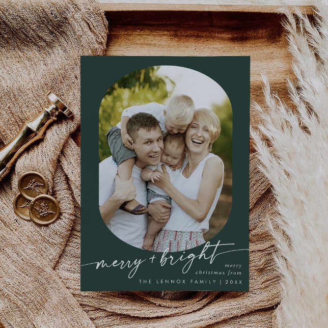 Cartes Pour Fêtes Annuelles Boho Chic Dark Green Joyeux Bright Photo Noël (Créateur téléchargé)