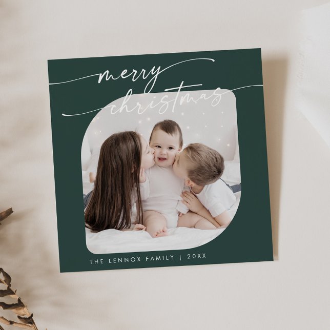 Cartes Pour Fêtes Annuelles Boho Chic Dark Green Photo Jolie Famille Noël (Créateur téléchargé)