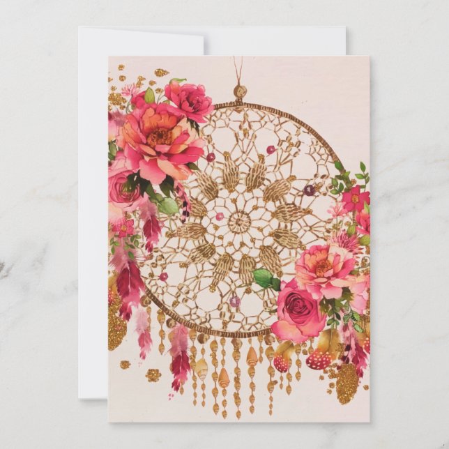Cartes Pour Fêtes Annuelles Boho Dreamcatcher Pink Gold Floral Aquarelle (Devant)