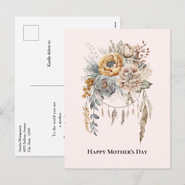 Cartes Pour Fêtes Annuelles Boho Flower Bouquet et Dreamcatcher Fête des Mères (Devant / Derrière)