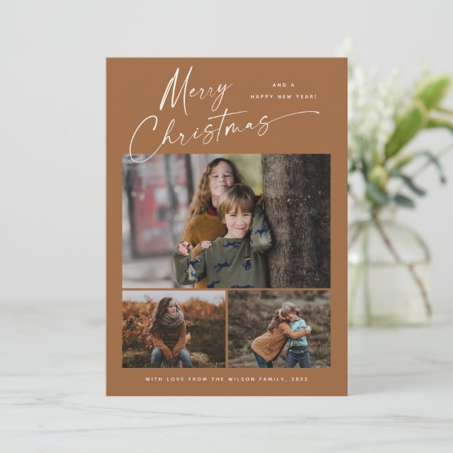 Cartes Pour Fêtes Annuelles Boho Joyeux Noël Blanc Script 3 Photo Collage (Debout devant)