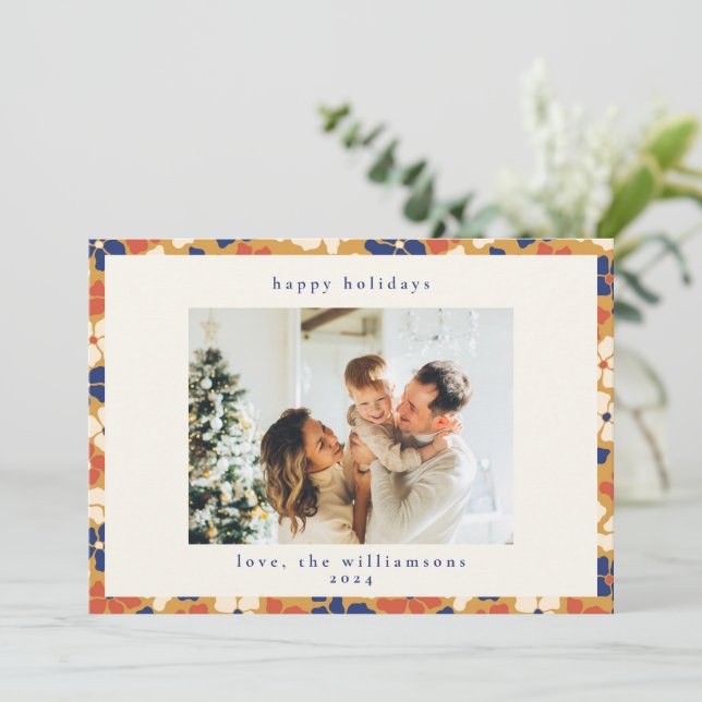 Cartes Pour Fêtes Annuelles Boho Mustard Bleu Floral Botanique Photo de Noël (Debout devant)