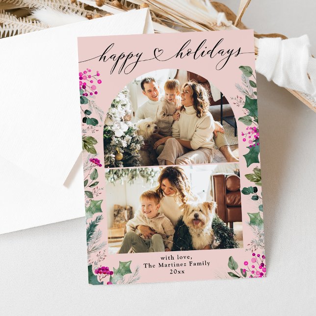 Cartes Pour Fêtes Annuelles Boho Pink Elegant 2 Family Photo Holiday Card (Créateur téléchargé)