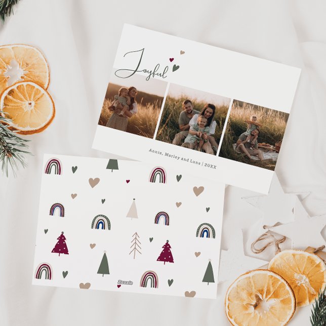 Cartes Pour Fêtes Annuelles Boho Rainbow & Heart Joyful Three Photo Noël (Créateur téléchargé)