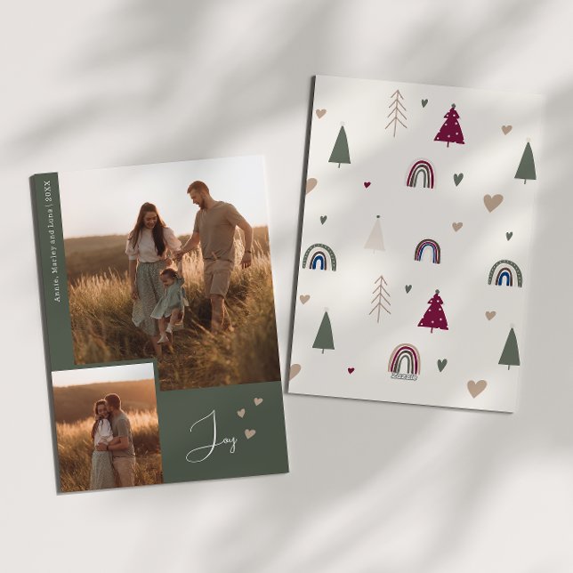 Cartes Pour Fêtes Annuelles Boho Rainbow & Hearts Joie Deux photos Noël (Créateur téléchargé)