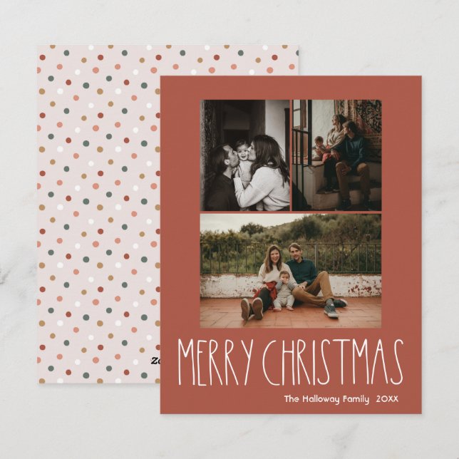 Cartes Pour Fêtes Annuelles Boho rouge Polka point Noël Vertical 3 Photo (Devant / Derrière)