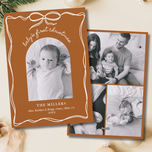 Cartes Pour Fêtes Annuelles Boho Terracotta Baby's 1st Christmas Bow Photo (Boho Terracotta Baby's 1st Christmas Bow Photo)