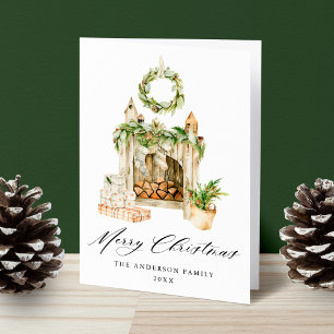 Cartes Pour Fêtes Annuelles Boho Watercolor Fireplace With Greenery Non-Photo