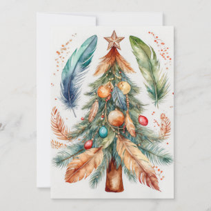 Cartes Pour Fêtes Annuelles Boho Whimsical Arbre de Noël Ornements et plumes