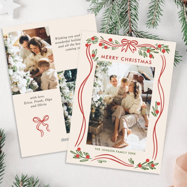 Cartes Pour Fêtes Annuelles Boho Whimsical Red Christmas Bow Ribbon 3 Photo (Créateur téléchargé)
