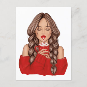 Cartes Pour Fêtes Annuelles Boire du chocolat chaud en hiver dans un pull roug