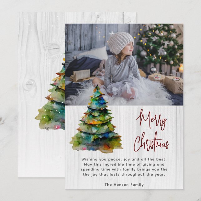 Cartes Pour Fêtes Annuelles Bois Aquarelle Arbre de Noël Photo Artistique (Devant / Derrière)