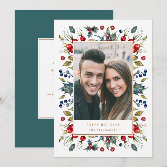 Cartes Pour Fêtes Annuelles Bois d'aquarelle Berries Cadre de Noël Photo (Devant / Derrière)