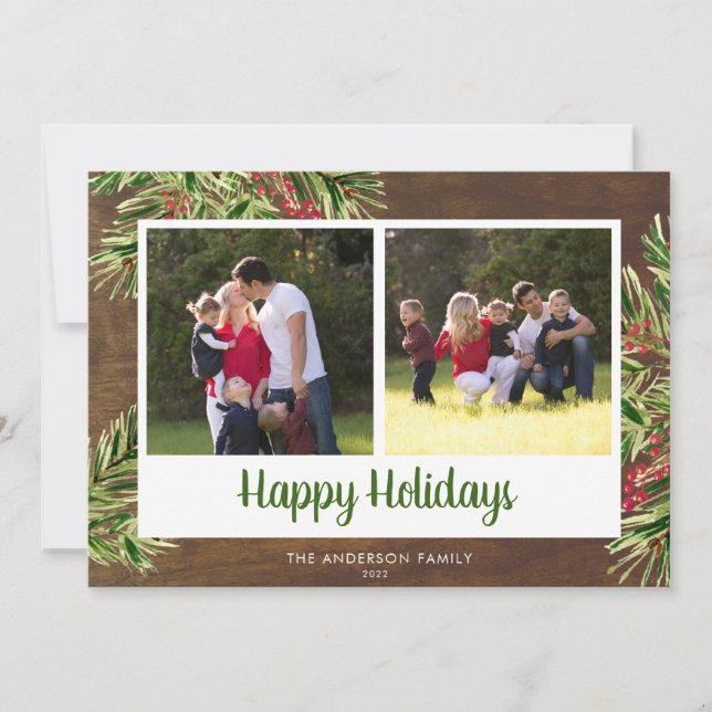 Cartes Pour Fêtes Annuelles Bois rustique Aquarelle Pine 2 Photo Joyeux Vacanc (Devant)