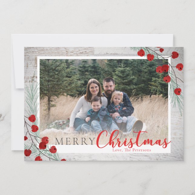 Cartes Pour Fêtes Annuelles Bois rustique Berries d'hiver Photo de Noël (Devant)