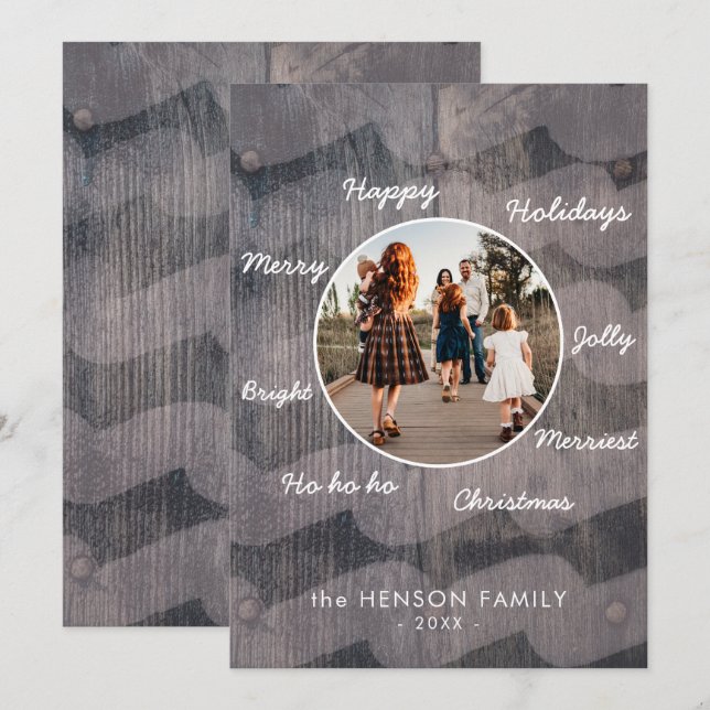 Cartes Pour Fêtes Annuelles Bois rustique unique voeux de Noël Photo de famill (Devant / Derrière)