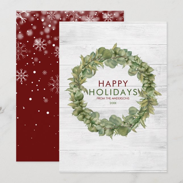 Cartes Pour Fêtes Annuelles Bois rustique verdure Wreath Noël Bourgogne (Devant / Derrière)