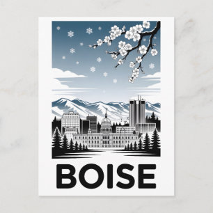 Cartes Pour Fêtes Annuelles Boise Skyline Noir et Blanc Gravure sur Bois Hiver