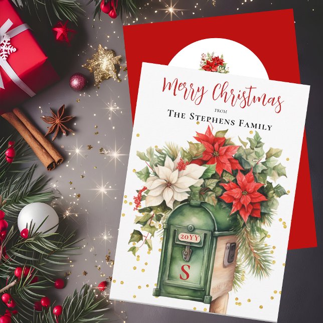 Cartes Pour Fêtes Annuelles Boîte aux lettres de Noël Monogramme floral Sans p (Christmas Holiday Mailbox Floral Monogram No Photo Two-Sided Card (Message on Back))