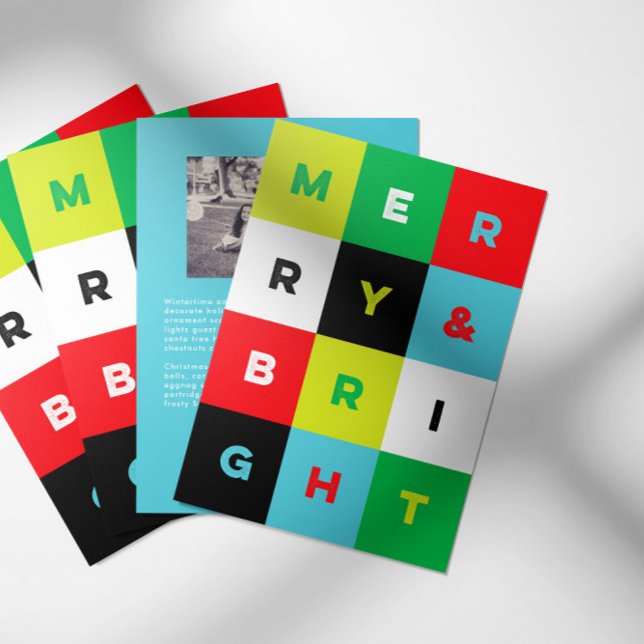 Cartes Pour Fêtes Annuelles Bold Aqua Red Green Merry and Bright Christmas (Merry & Bright holiday card with bold colored checks, personalized photo and message text on back)