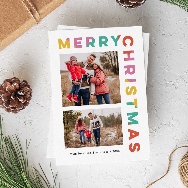 Cartes Pour Fêtes Annuelles Bold Colorful Merry Christmas 2-Photo  (bold, modern, colorful Merry Christmas typography 2-photo card)