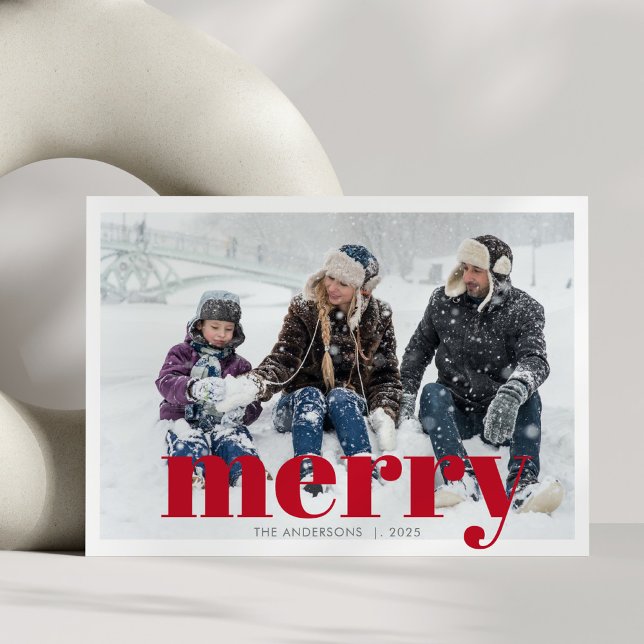 Cartes Pour Fêtes Annuelles Bold Red Merry Photo Famille Noël Moderne (Créateur téléchargé)