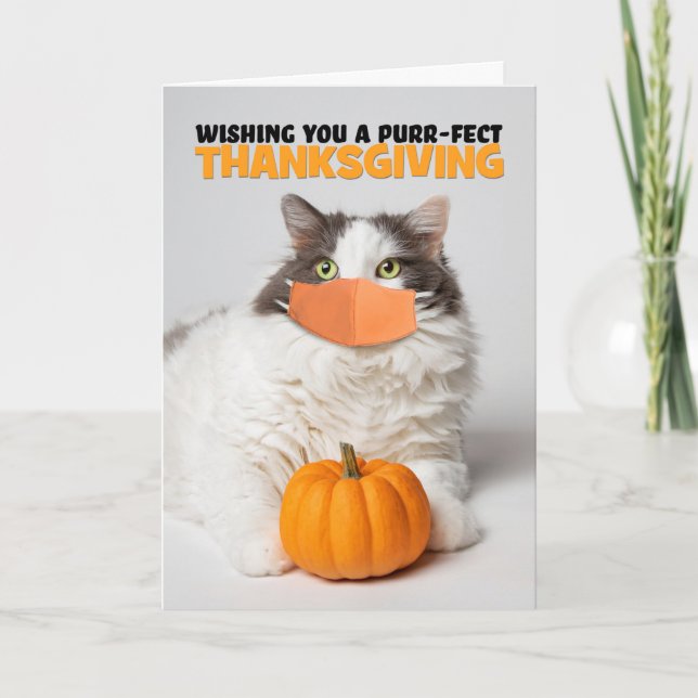 Cartes Pour Fêtes Annuelles Bon thanksgiving Cute Kitty Chat en Masque Covid (Devant)