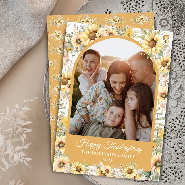 Cartes Pour Fêtes Annuelles Bon thanksgiving d'aquarelle Automne Arche (elegant autumn fall watercolor sunflowers happy thanksgiving cards with arch photo for family work)