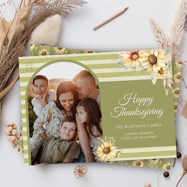 Cartes Pour Fêtes Annuelles Bon thanksgiving de tournesols d'arc vert moderne (elegant modern chic green arch theme sunflower happy thanksgiving cards with photo and message)