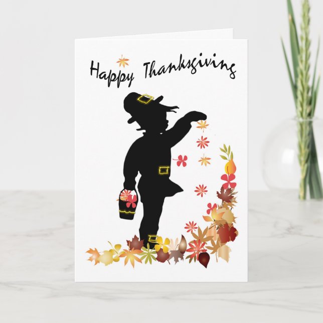 Cartes Pour Fêtes Annuelles Bon thanksgiving, Petit Garçon Éparpillant Feuille (Devant)