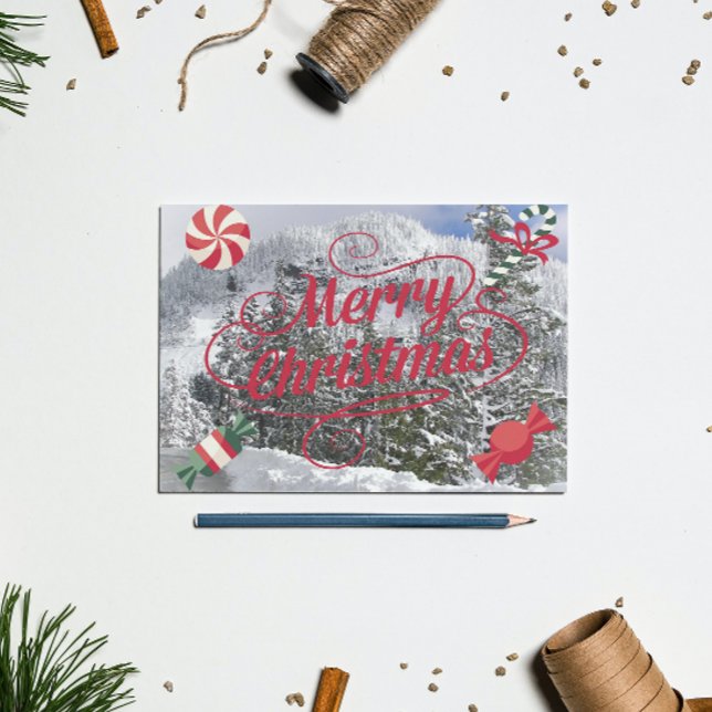 Cartes Pour Fêtes Annuelles Bonbons à la menthe et scène hivernale enneigée (In Situ)