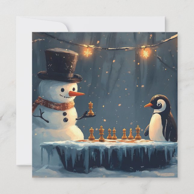 Cartes Pour Fêtes Annuelles Bonhomme de neige adorable et manchot jouant aux é (Devant)